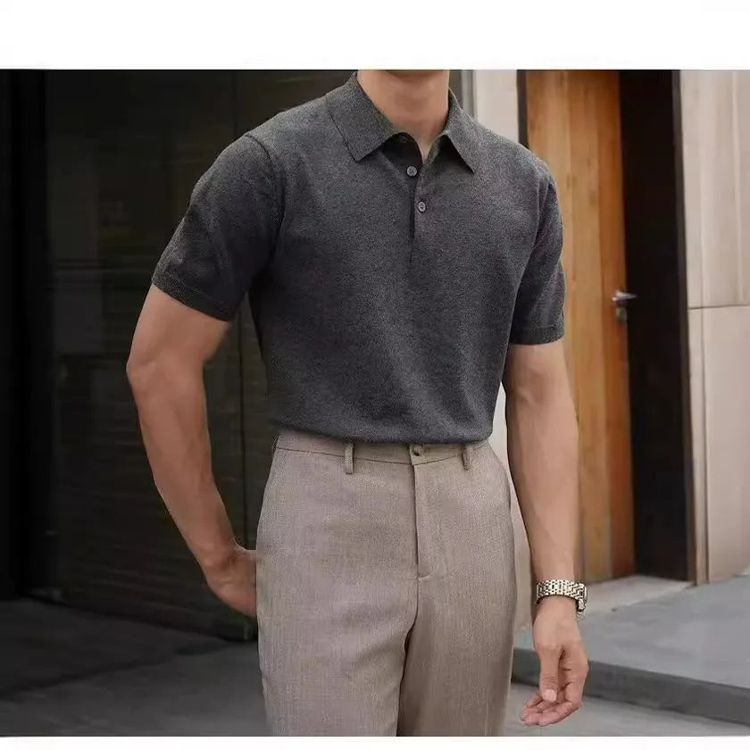 Men's ice silk and cotton blend polo shirt with knitted collar, short sleeves, shown in multiple colour options.