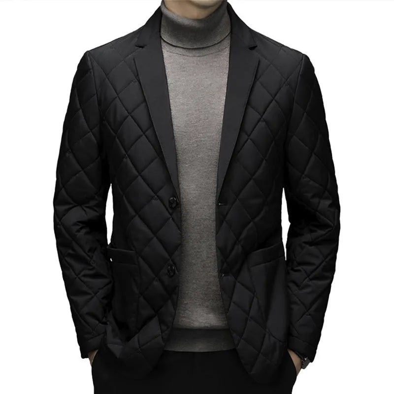 Men's solid colour down jacket with lapel collar and side seam pockets in winter cardigan style