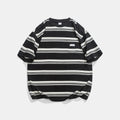 Casual loose striped round neck cotton short sleeve T-shirt in black front view