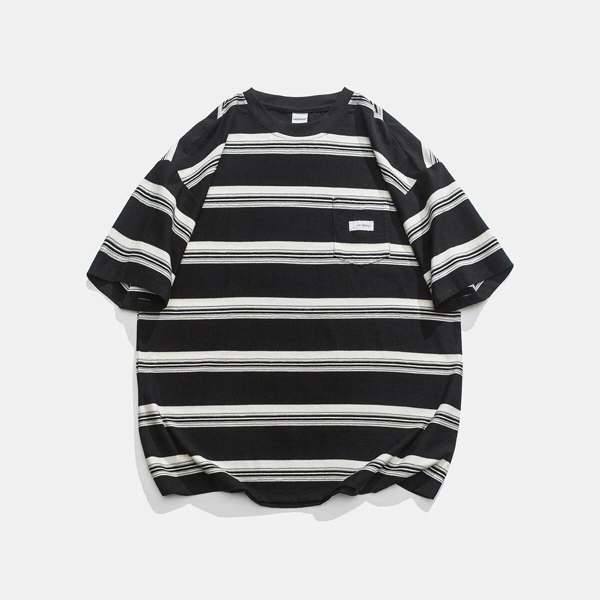 Casual loose striped round neck cotton short sleeve T-shirt in black front view