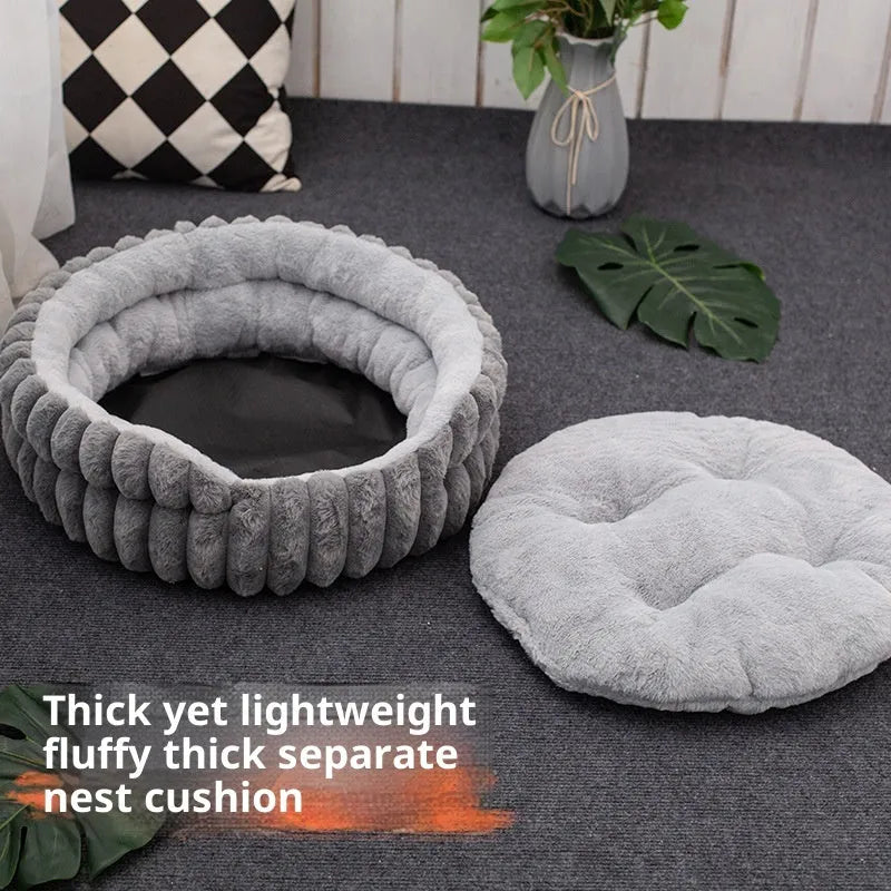 Round plush pet cat bed in khaki colour with rabbit design, diameter 40cm, low 15cm height