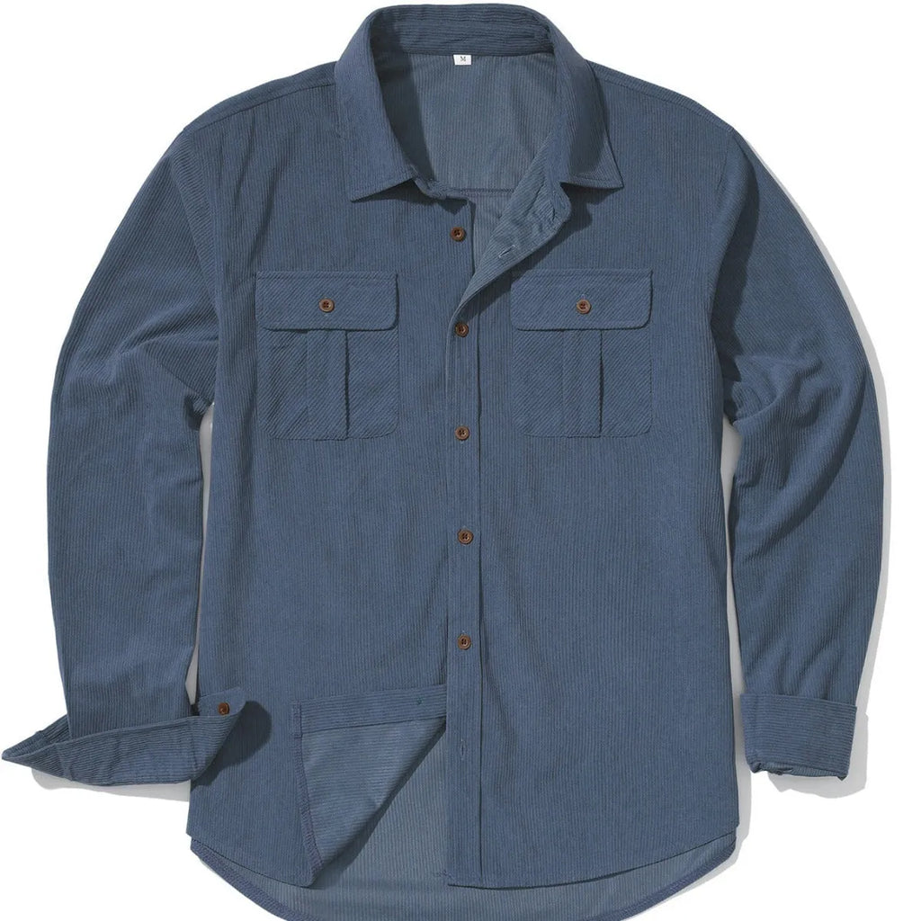 Men's retro corduroy shirt with velvet finish in Army Green colour showing loose fit and long sleeves