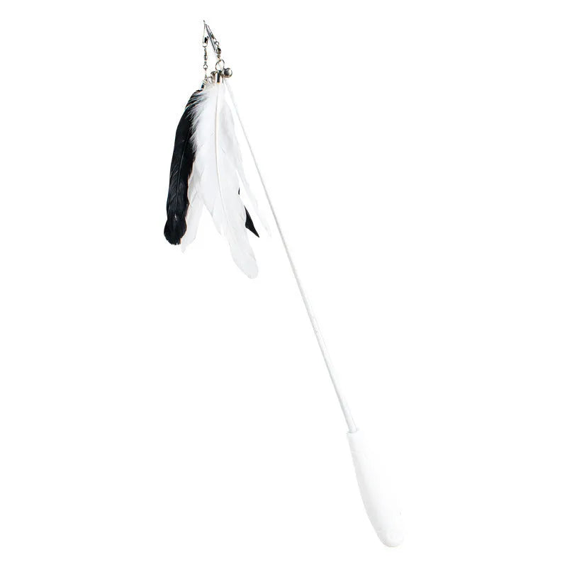 Telescopic cat fishing rod toy with goose feather attachments and a removable bell, shown extended and collapsed.