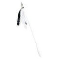 Telescopic cat fishing rod toy with goose feather attachments and a removable bell, shown extended and collapsed.