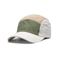Set of five men's simple baseball caps with curved brims in khaki, army green, orange, and yellow colours.