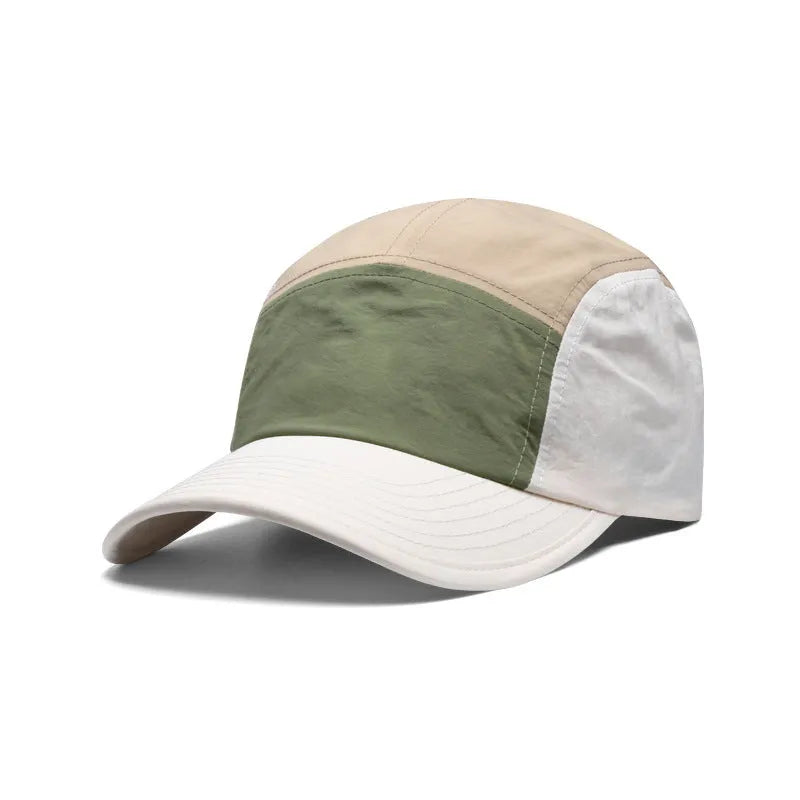 Set of five men's simple baseball caps with curved brims in khaki, army green, orange, and yellow colours.