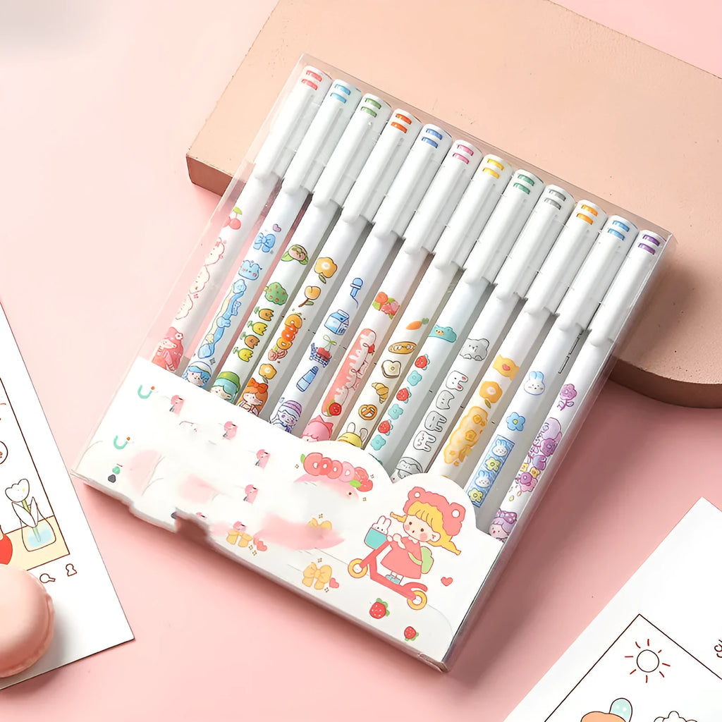 Twelve-colour cartoon gel pen set with 0.5mm plastic body for office hand accounting