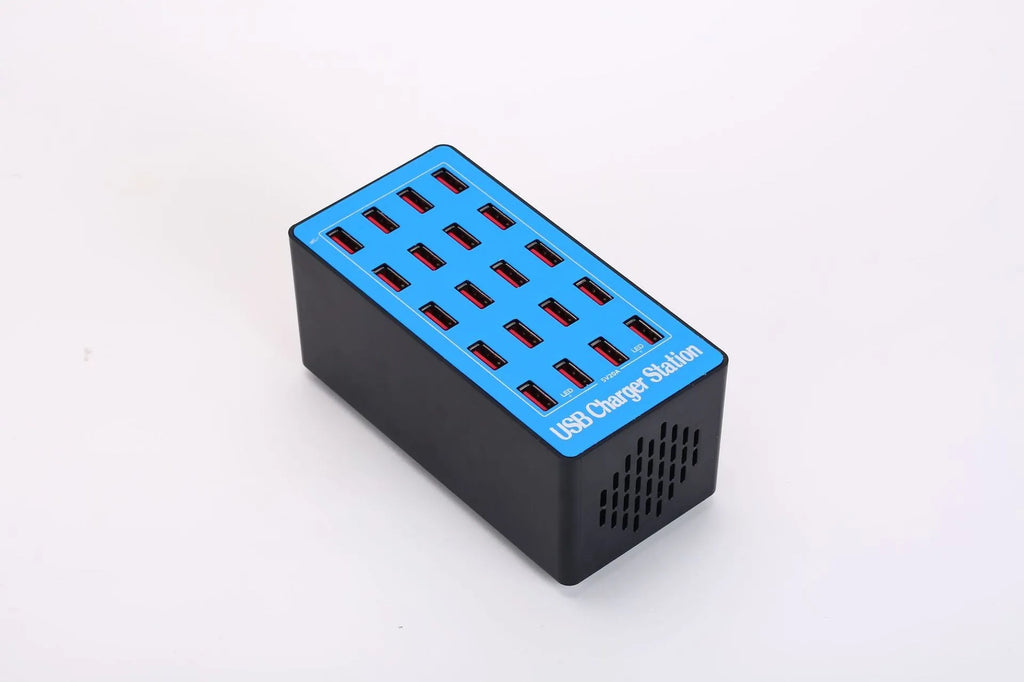 Blue A5 20-port USB charging station with multiple plug options and PC ABS fire retardant casing
