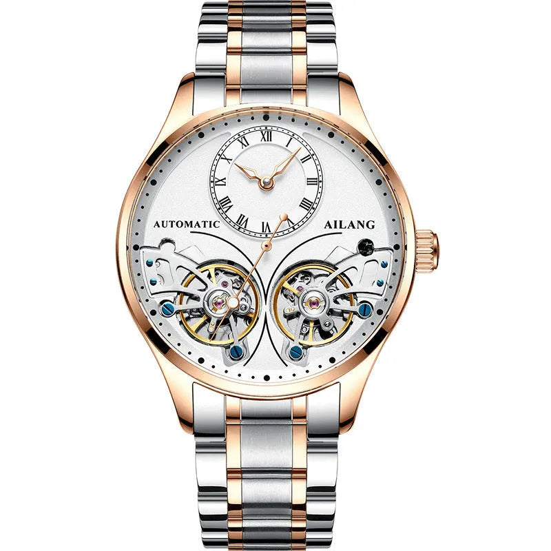 Automatic men's watch with tourbillon and moon phase on a round black dial in a titanium case.