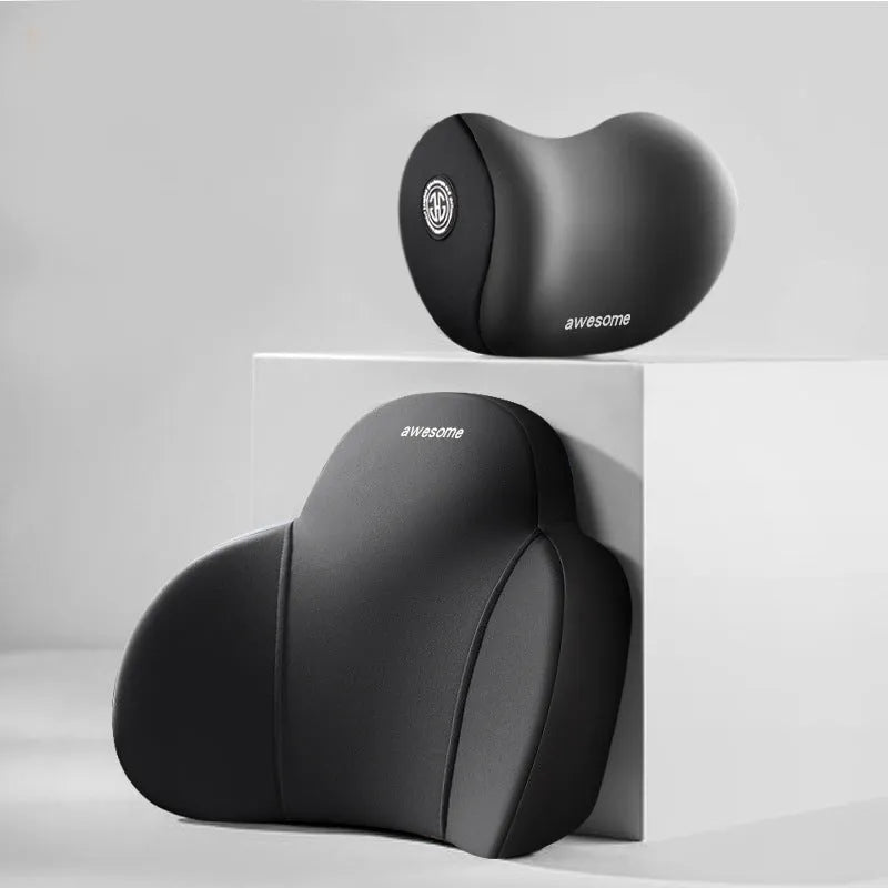 Automotive headrest and lumbar support pillows with all-cotton covers and memory foam filler in various colour options