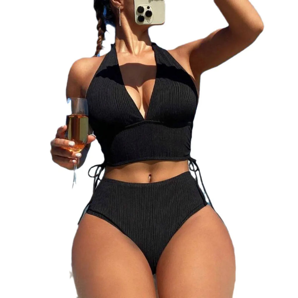 Women's black halter neck bikini set with lace-up detail on the top