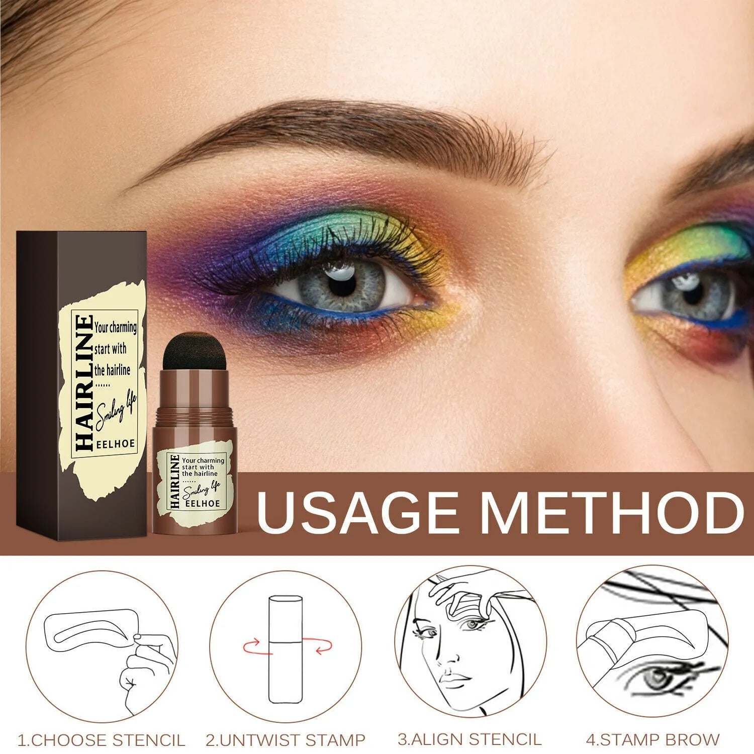 24-piece eyebrow stamp stencil kit with airbrush stamp, 24 stencils, and 4-colour powder on a white background