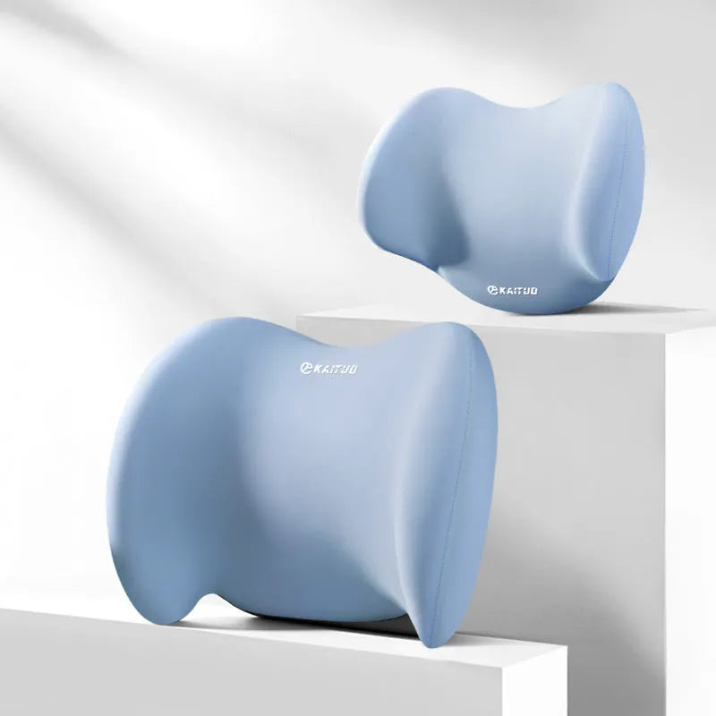 Grey geometric pattern car headrest and lumbar support pillow set made with memory foam and cotton.