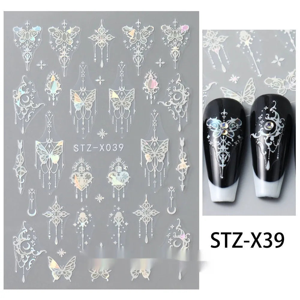 Cartoon nail art stickers sheet with black and silver love heart designs