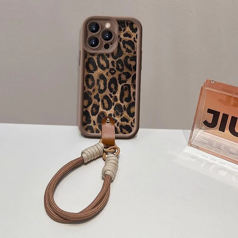 Brown leopard print silicone iPhone case with lanyard attachment point on side