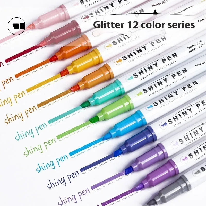 Four glitter fluorescent highlighter pens with slanted tips in six colour options including taro puff and peach nougat pastry
