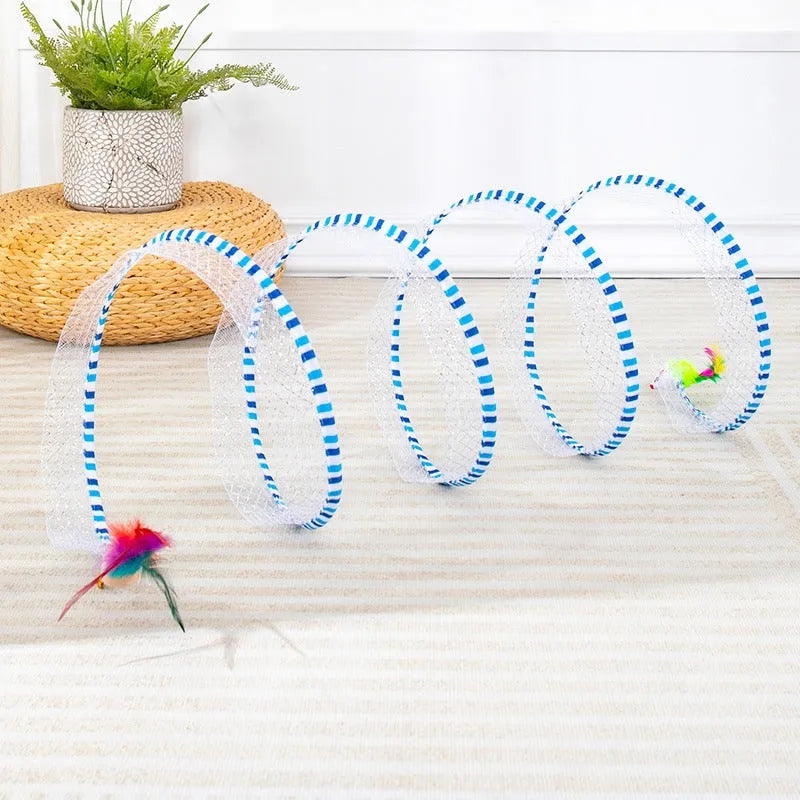 Blue and yellow cat toy set showing a long teasing stick with feather and a collapsible fabric tunnel.