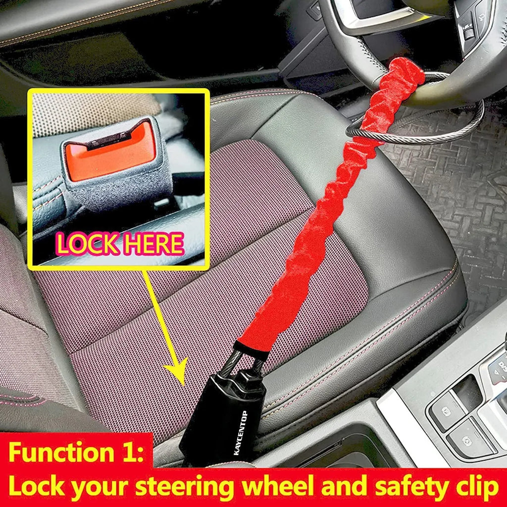 Red iron car steering wheel lock with wire rope, shown on a GM vehicle steering wheel.