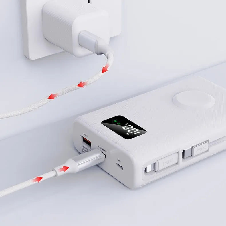 Black and white magnetic wireless power bank with digital display showing battery percentage