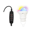 USB-powered RGB magic colour bulb with a long white control cable and a small remote unit on a white background.