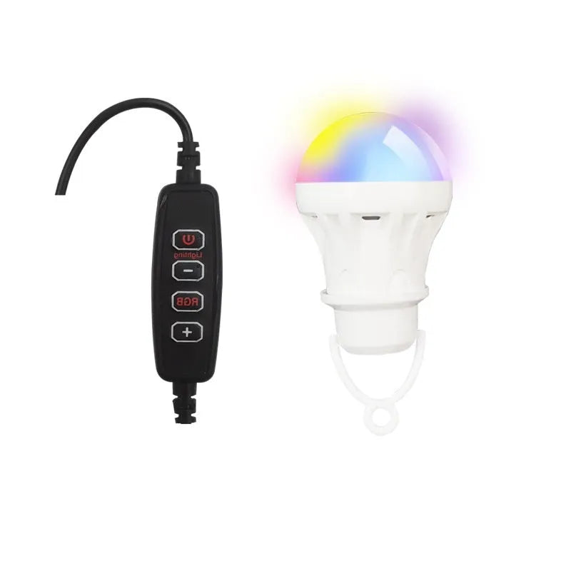 USB-powered RGB magic colour bulb with a long white control cable and a small remote unit on a white background.