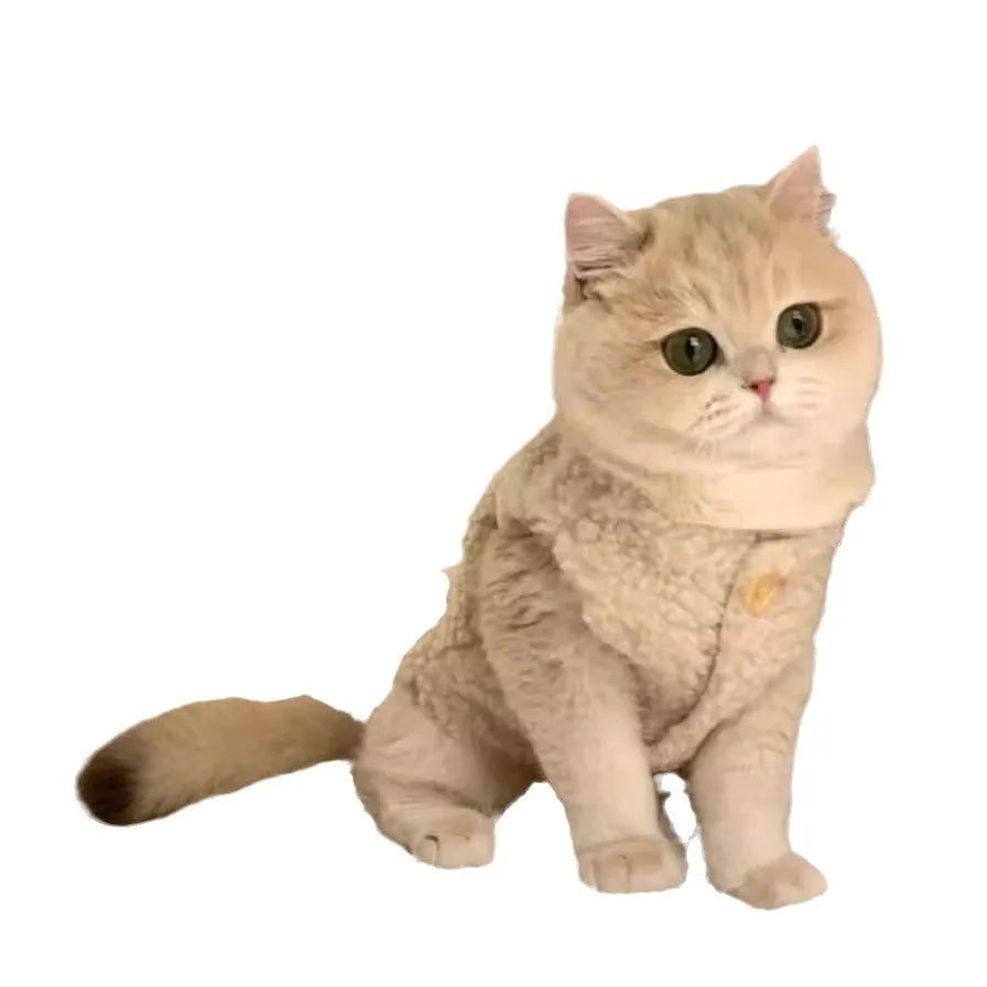 Apricot coloured polar fleece cat winter vest shown on size guide from XS to XL for 0.50kg to 8.50kg cats