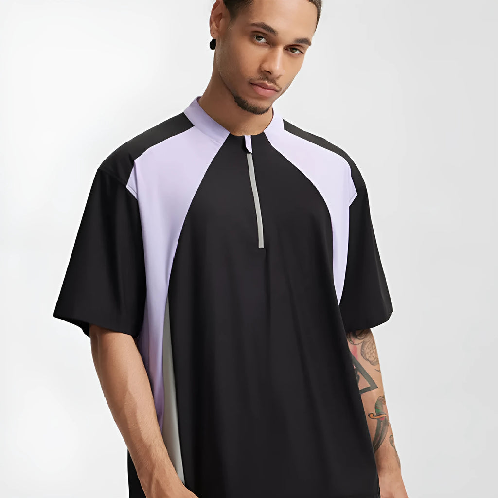 Men's solid colour lightweight polyester casual top shown in black and beige with both sleeve length options.