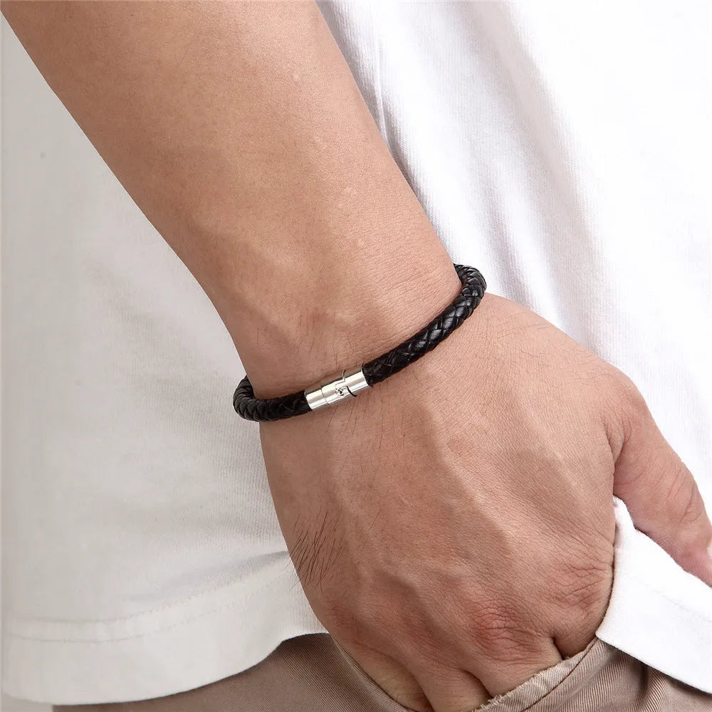 Men's titanium steel geometric wire bracelet with a magnetic clasp shown in various colours.