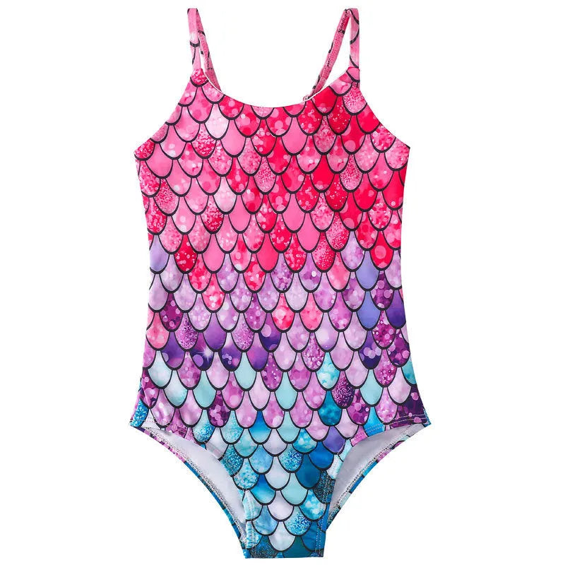 A girl wearing a turquoise mermaid one-piece swimsuit, showing the briefs style and high-elasticity fit.
