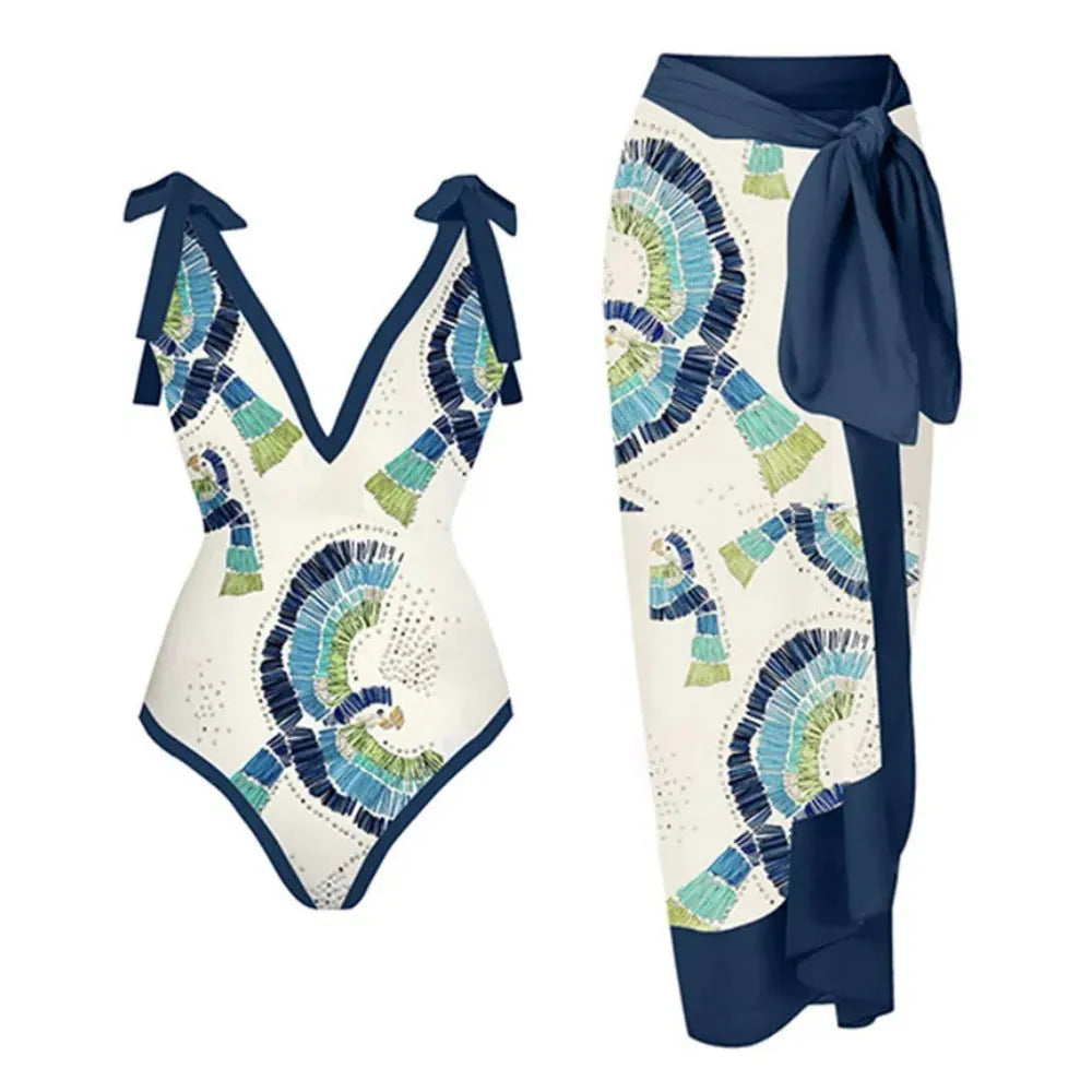 Blue French retro one-piece swimsuit with detachable gauze skirt showing backless design