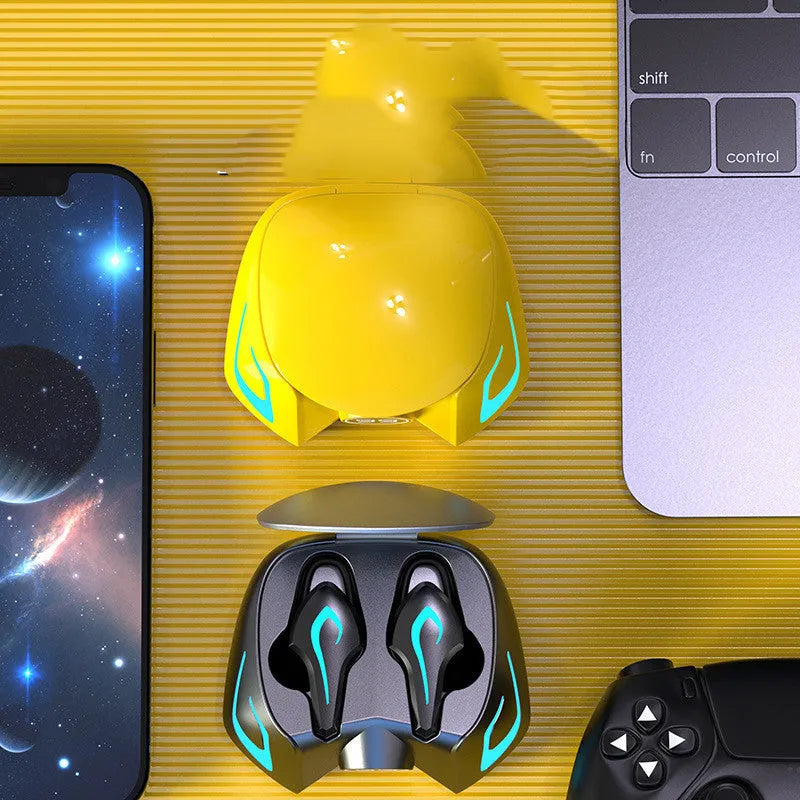 Wireless in-ear Bluetooth gaming headphones in black, dark grey, and yellow colours.