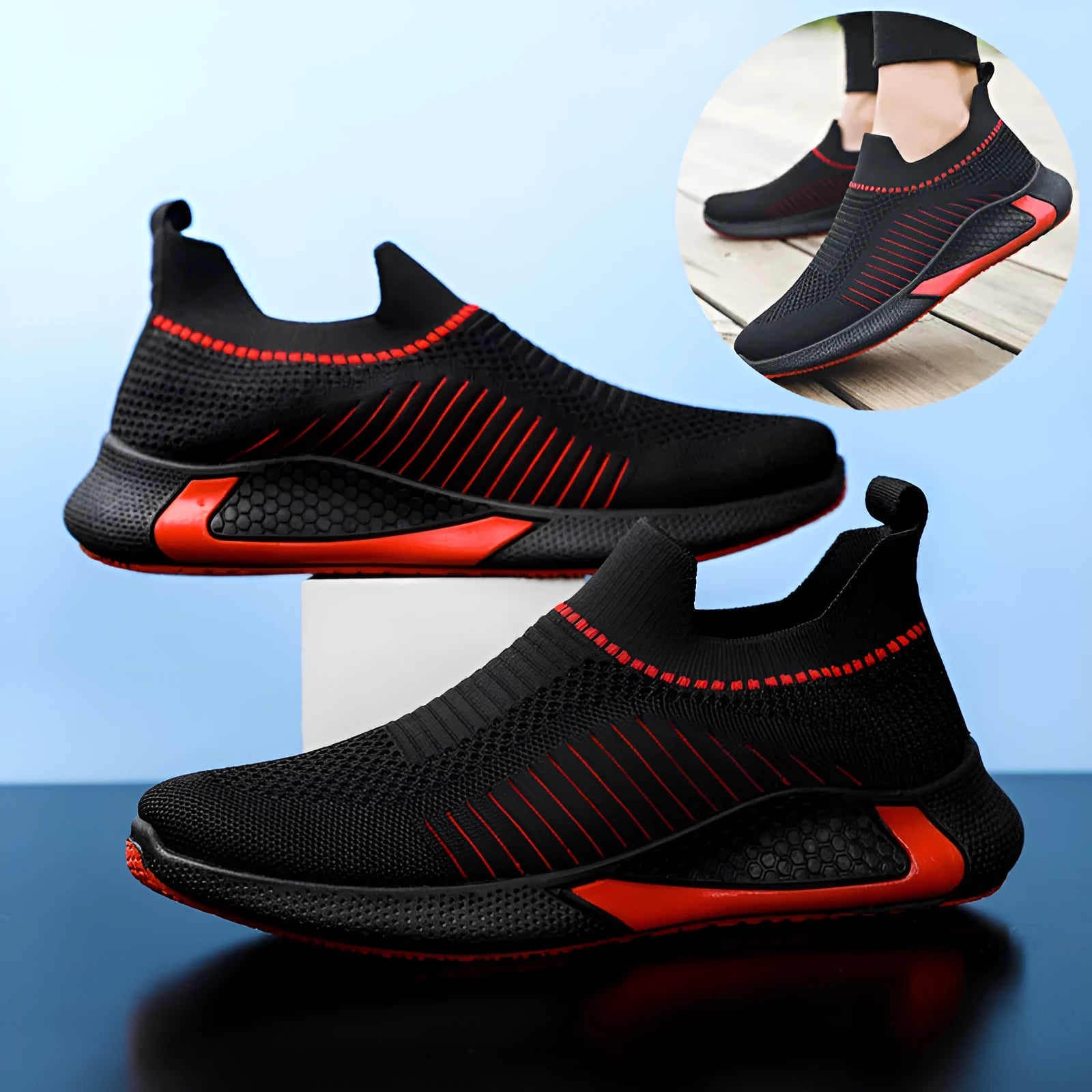 Men's black and white striped mesh sock running shoes with lace-up front
