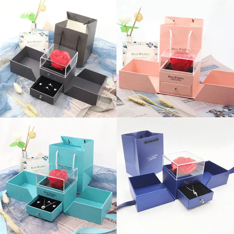 Plastic eternal flower decoration on paper cardboard jewellery gift box for Valentine's Day presents