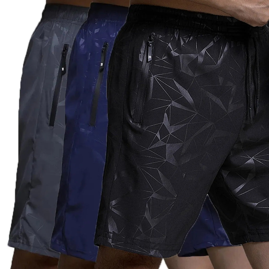 Men's loose casual sports shorts in black, grey, or blue with elastic waistband