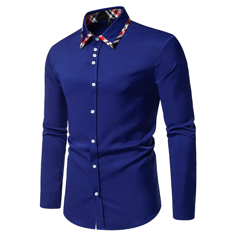Man wearing a blue plaid long sleeve shirt with a white triangle contrast collar.