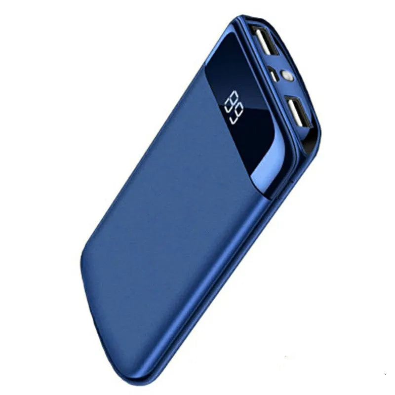 Y10 black portable power bank with LCD display showing battery percentage, two USB ports, and an LED light.