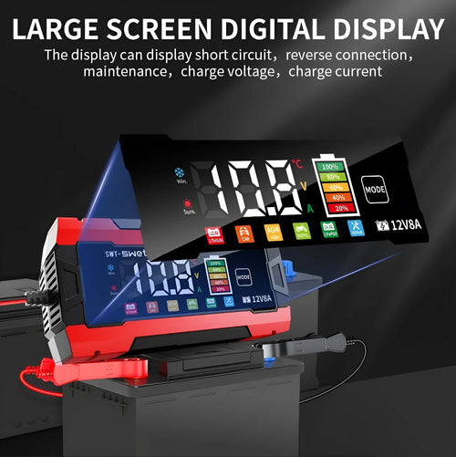 12V8A colour screen battery charger for car motorcycle storage batteries with eight protections