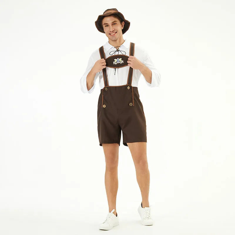 Men's cotton blend Munich Beer Festival suit with suspender top overalls and hat