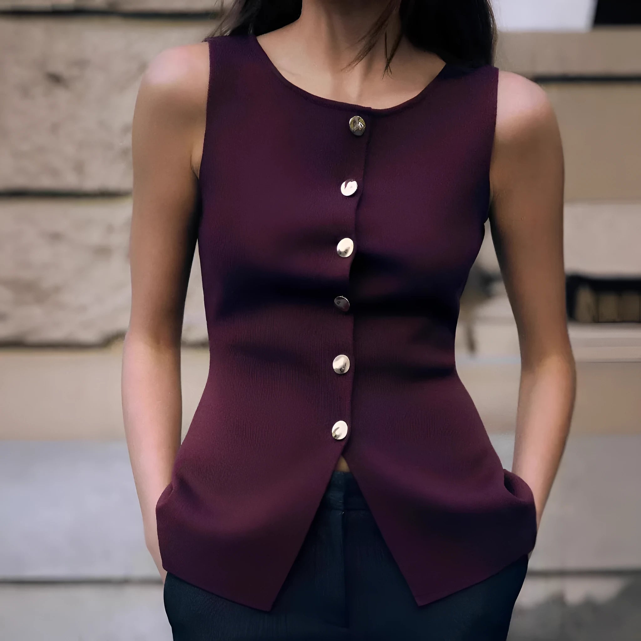 Dark red slim-fit sleeveless cardigan vest with a raised 3D pattern texture on a mannequin.