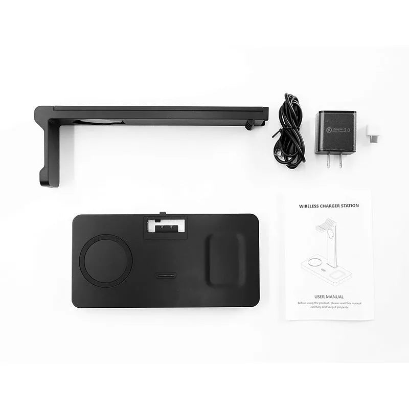 Black wireless charging station bracket for mobile phone, smartwatch, and headset.