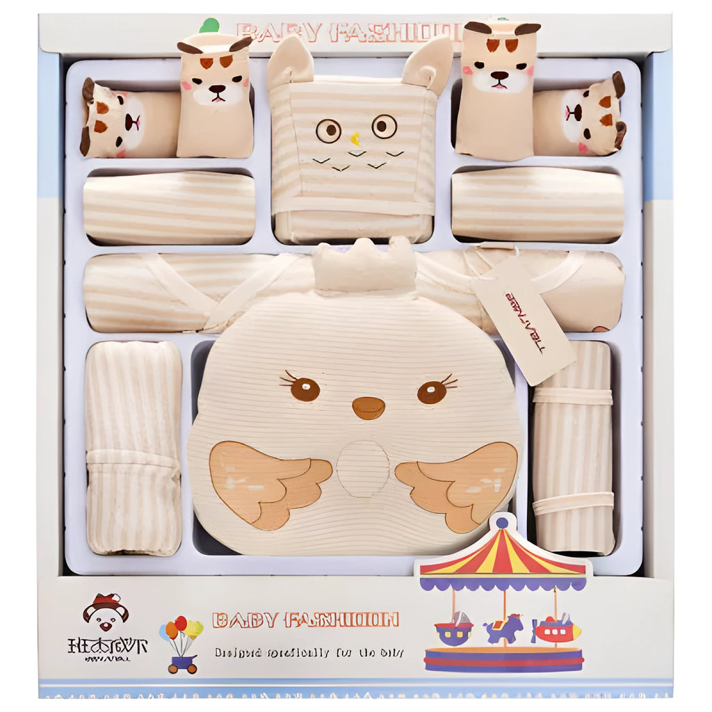 Beige cotton baby cardigan suits with cartoon animal prints in a gift set for newborns