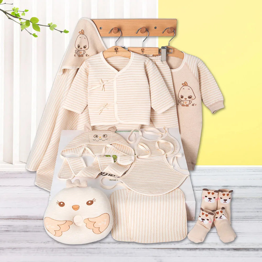 Beige cotton baby cardigan suits with cartoon animal prints in a gift set for newborns