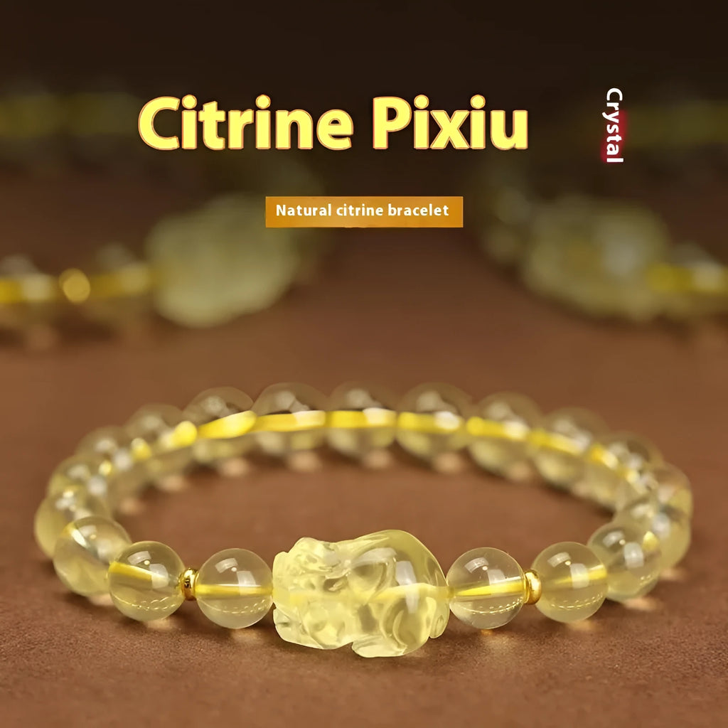 Simple yellow leather cord bracelet with a faceted citrine-coloured artificial crystal pi xiu bead.