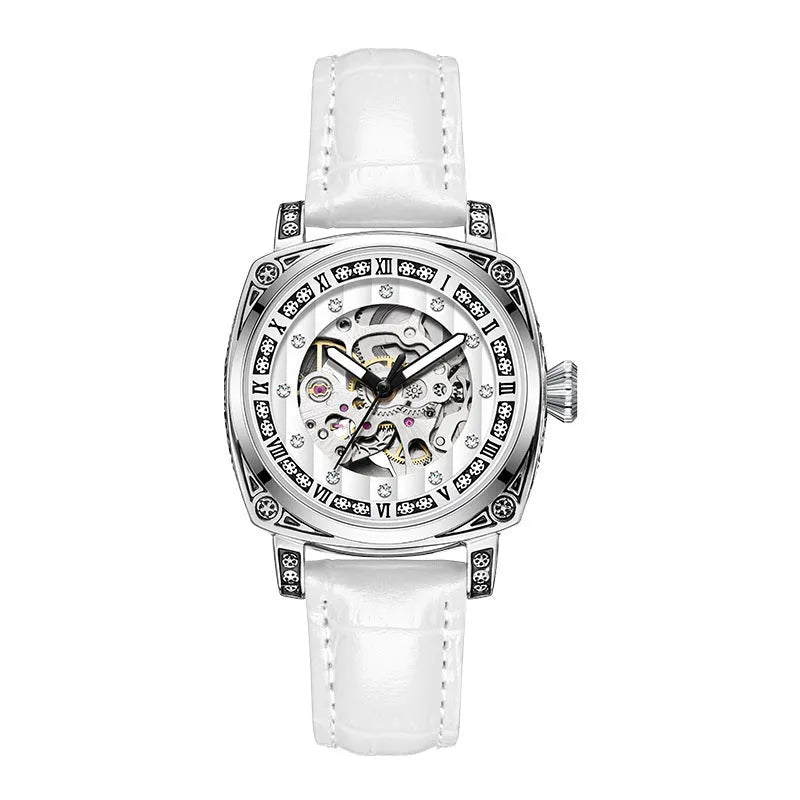 Men's mechanical watch with luminous hands and a black leather strap showing analogue dial.