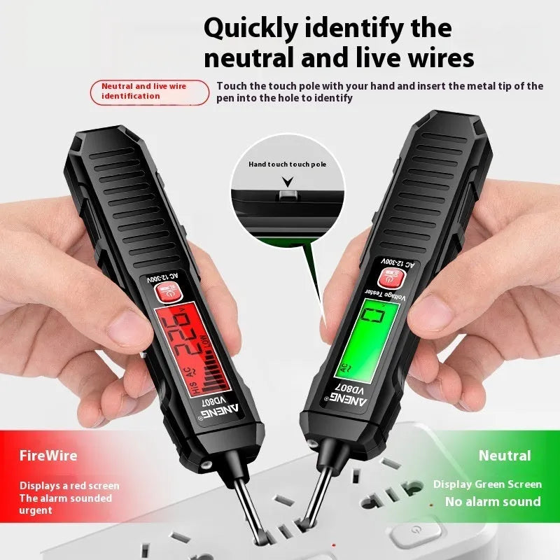 Black and red digital voltage tester pen with LCD display for electrical testing.