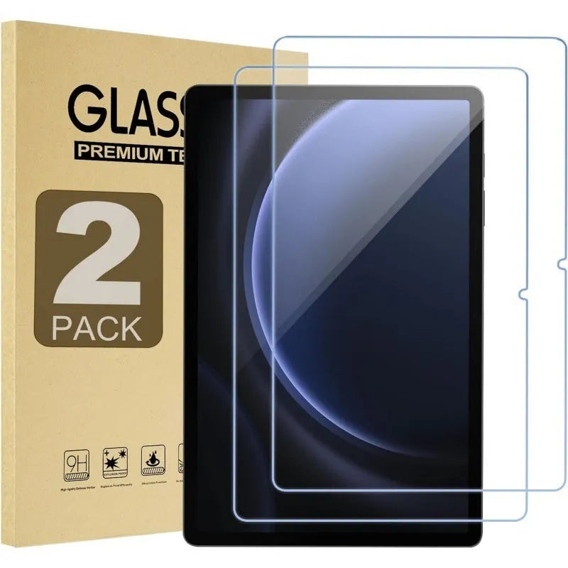 Samsung Galaxy tablet with tempered glass screen protector showing edge detail and anti-fingerprint surface