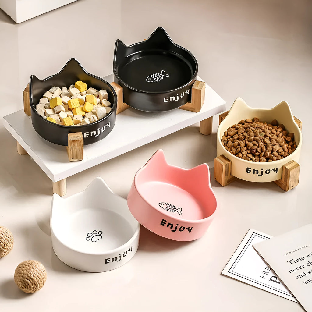 Porcelain cat food and water bowl set with wooden anti-tumble frame in various colours
