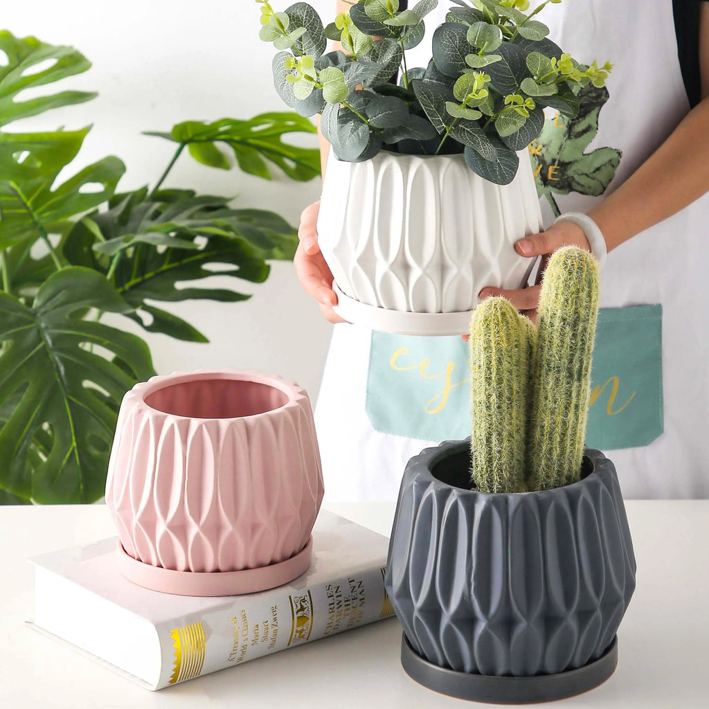 Medium grey ceramic tabletop plant pot for flowers and green plants