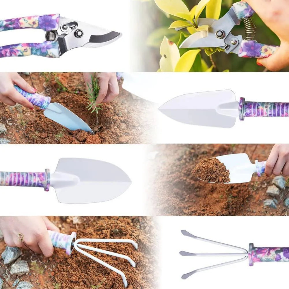 Ten-piece purple gardening tool set with sandblasted anti-rust coating and plastic handles in a box