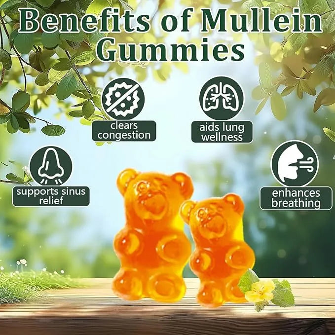 Bottle of 60 mullein gummies with pear flavour, vegan pectin base, 1,000 mg mullein extract per serving